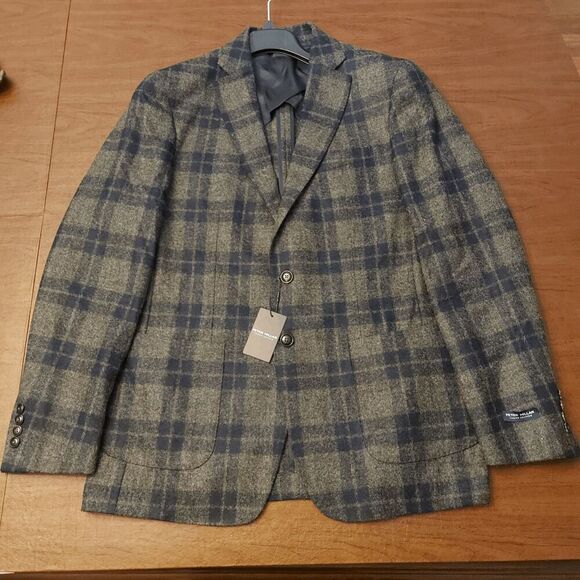 Peter Millar Crown Crafted Plaid Soft Jacket Blazer Grey Blue Men's Size 42 Long - Picture 1 of 7